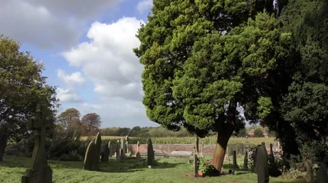 Cemetry graveyard sky clouds moving trees countryside Stock Footage 57239010
