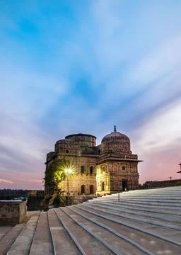Cenotaphs of Orchha with dramatic blue sky in evening. Stock Photos