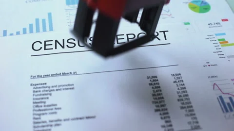 Census report rejected, hand stamping seal on official document, statistics Stock Footage 99426188