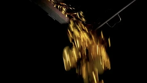 Cent coins on rotating showcase in macro shot Piles of different gold coins. Stock Footage 272768595