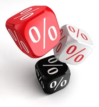Per cent symbol on dice cubes red white black Stock Illustration
