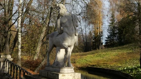 Centaurs Bridge with marble statues over Slavyanka River in Pavlovsk Park Stock Footage 321186765