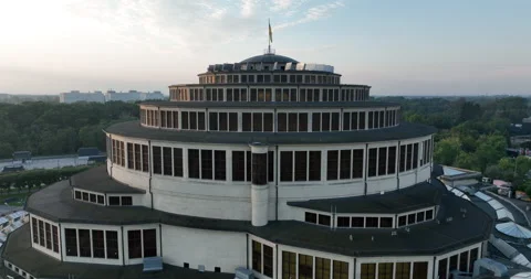 Centennial Hall in Wrocław aerial pullback on a summer morning Stock Footage 346658305