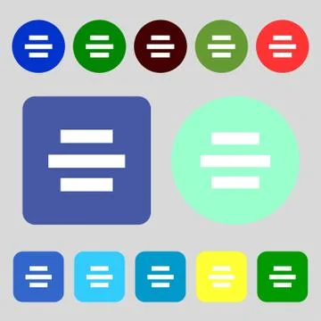 Center alignment icon sign. 12 colored buttons. Flat design. Illustrazione stock