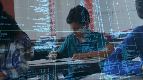 Center boy writing workbook for classwork, camera shifting toward boy, code Stock Footage 330032850