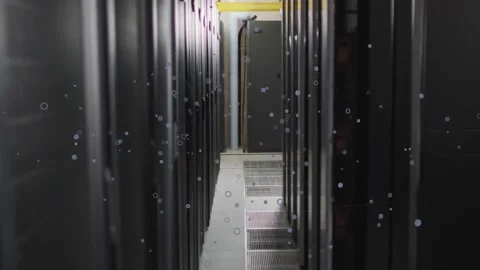 Center cam moving down data center aisle, revealing overhead cables and animated Stock Footage 331701552