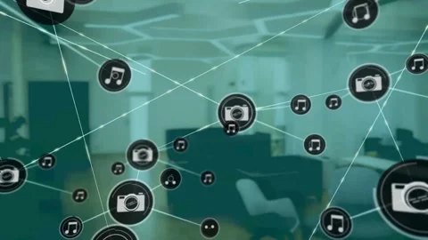 Center camera icon seeding nodes and linking lines, network expanding outward Stock Footage 334312863