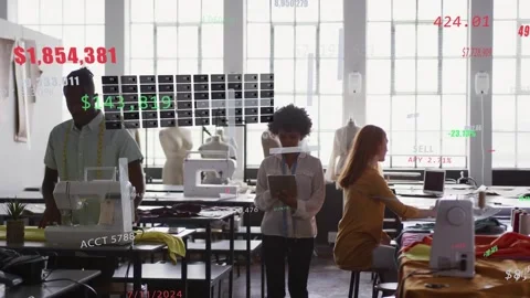 Center designer walking with tablet, tapping fashion data and causing charts Stock Footage 333552727