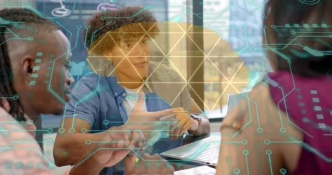 Center developer tapping trackpad while using animated prototype with team in Stock Footage 318607287