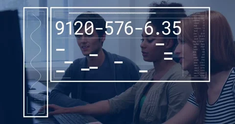 Center female typing keys in computer lab, updating HUD overlay numeric codes Stock Footage 331176307