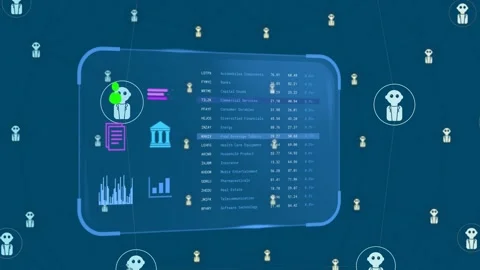 Center glass panel reacting to query, white ring moving between avatars Vídeo Stock 333720351