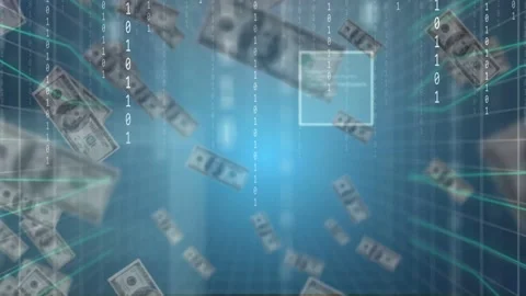 Center glow sending bills from grid, boxes locking bills, binary rain falling, Stock Footage 335211842