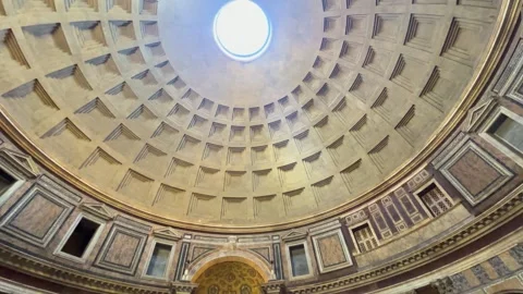 Center hall reference moves people ground roof interior scale pantheon temple Video stock 320845379