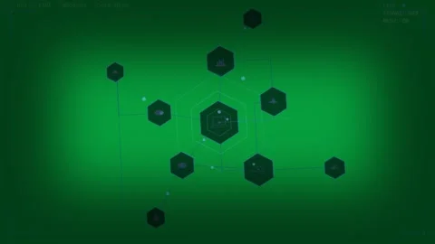 Center hex emerging rings growing neon lines linking nodes data dots moving HUD Stock Footage 334118673