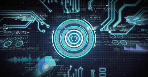 Center HUD getting data and animating rings pulsing traces turning gauge panels Stock Illustration