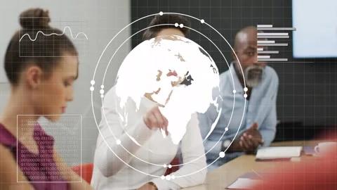 Center lead starting discussion, pointing and animating holo globe and data HUD Stock Footage 333602165