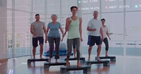 Center leader stepping onto step, guiding class following while animated rhythm Stock Footage 331214482