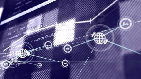 Center-left marker appearing, thin lines drawing to globe hubs, bar-chart nodes Stock Footage 332469385