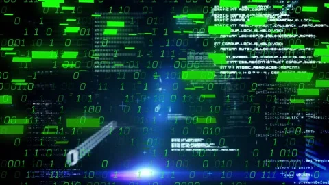 Center light initiating floating code panels and drifting green binary digits Stock Footage 327643708