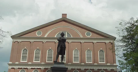 Center low-angle Samuel Adams Statue and Faneuil Hall in Boston Stock Footage 219262021