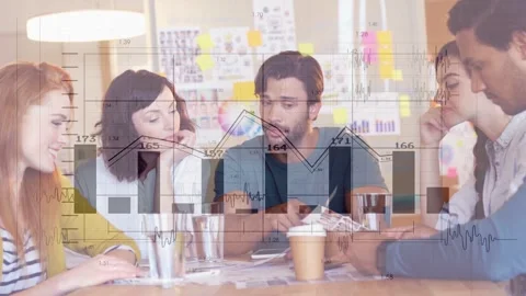 Center man pointing at sheet, leading business team reviewing data with animated Stock Footage 335466110