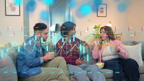 Center man scrolling phone, sharing animated data charts moving over couch while Stock Footage 333936451