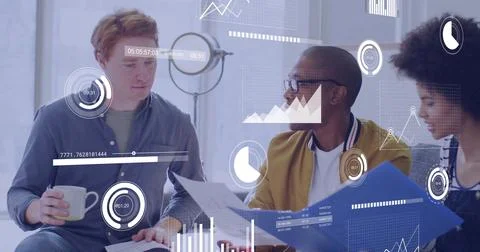 Center man sharing blue folder causing business charts overlay while colleagues Stockfoto's