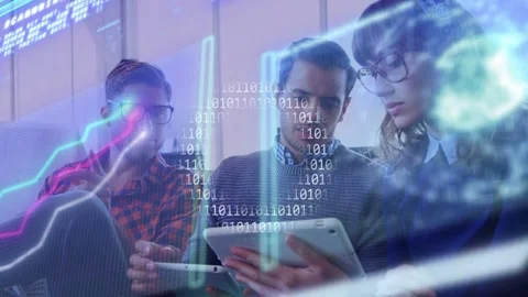 Center man tapping tablet and starting animated binary charts, team pointing and Stock Footage 333594588