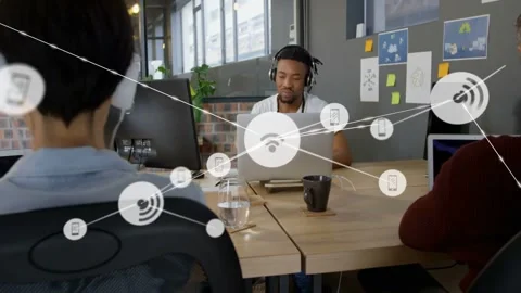Center man using laptop while node emerging, causing tech overlay mapping Stock Footage 332901654