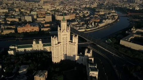 Center of Moscow and skyscraper on Kotelnicheskaya quay at sunrise Stock Footage