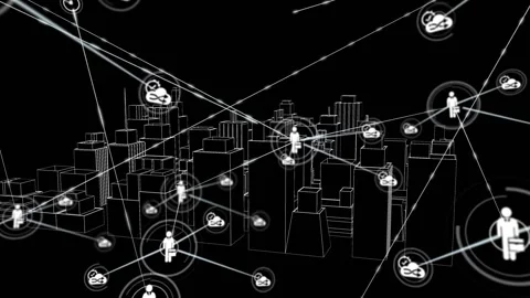 Center node rising above wireframe city, spawning tech web linking nodes and Video stock 330397137