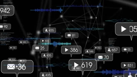 Center notification bubble showing play icon and 720 floating over network graph Stock Footage 309286143