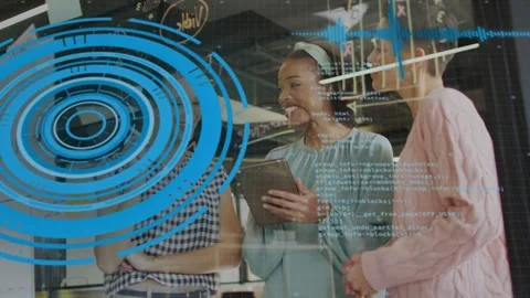 Center presenter tapping tablet, activating blue HUD and code on glass, Stock Footage 333233735