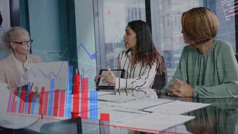 Center presenter tapping tablet, presenting business data, red and blue charts Stock Footage 334744049