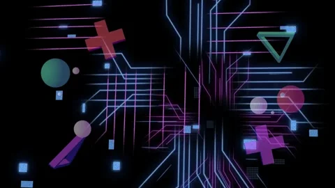 On center pulse neon circuit traces emerging, converging, pulsing to show data Stock Footage 335739258