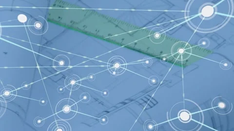 Center pulsing node starting network, nodes forming lines on plans, ruler 스톡 동영상 331085234