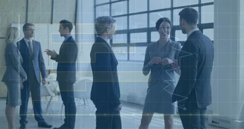Center-right trio conversing for networking in loft, speaker starting talk HUD Stock Footage 329122448