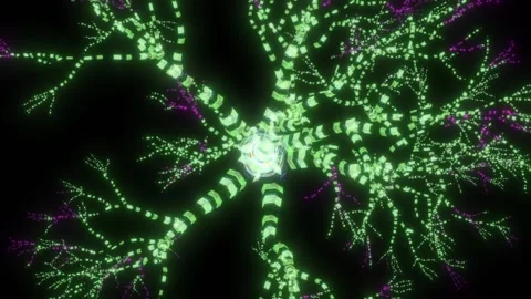 In the center of the screen, particles of computer code branch and flash Stock Footage 163107885