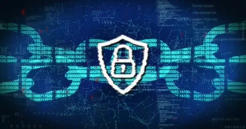 Center shield padlock reacting to pixel pulse, glitching then reforming, Stock Footage 329472817