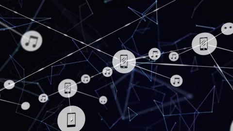 Center smartphone node appearing and spawning music chat icons, connector lines 스톡 동영상 331026788