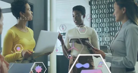Center speaker tapping tablet, leading business huddle, AR hex icons and Stock Footage 323335949