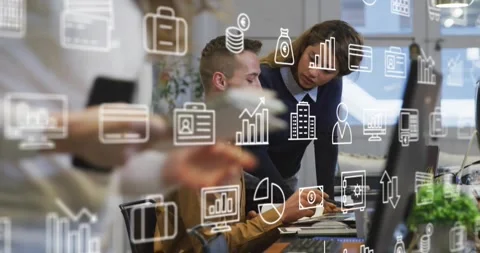 Center team leaning, pointing at doc, collaborating by checking phone, Stock Footage 334185123