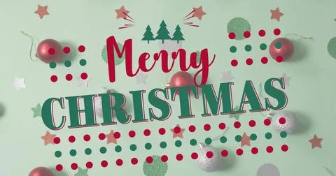 Center type greeting dominating mint backdrop, showing baubles, confetti, dots Stockfoto's