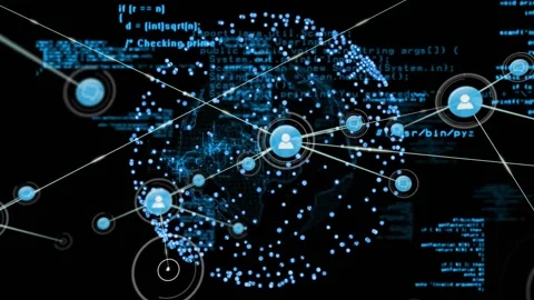 Center user icon pulsing, causing globe lines radiating and nodes expanding, Stock Footage 330602713