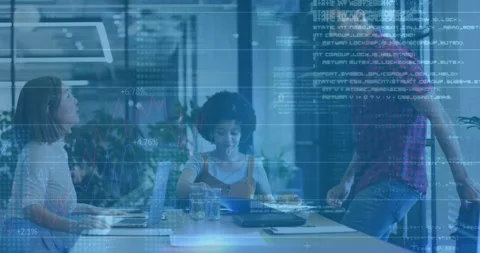 Center woman shifting folder, sorting papers as team using laptop and pointing Stock Footage 327591937