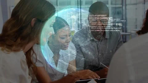 Center woman tapping tablet causing 3D globe growing and code fading over tech Stock Footage 333211171