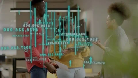 Center woman tapping tablet while coworkers reviewing teal data visualization Stock Footage 337236482