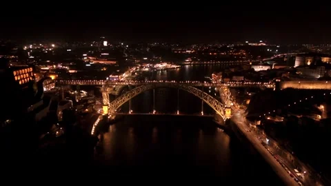 Centered Aerial View of Dom Luis I Bridge Over Douro Stock Footage 344799032