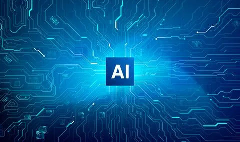 Centered AI processor chip with radial glowing cyan circuit board on dark blu Illustrazione stock