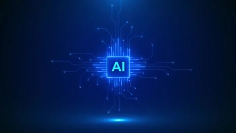 Centered blue AI chip background with glowing circuit branches, dark tech space, Stock Footage 333976660